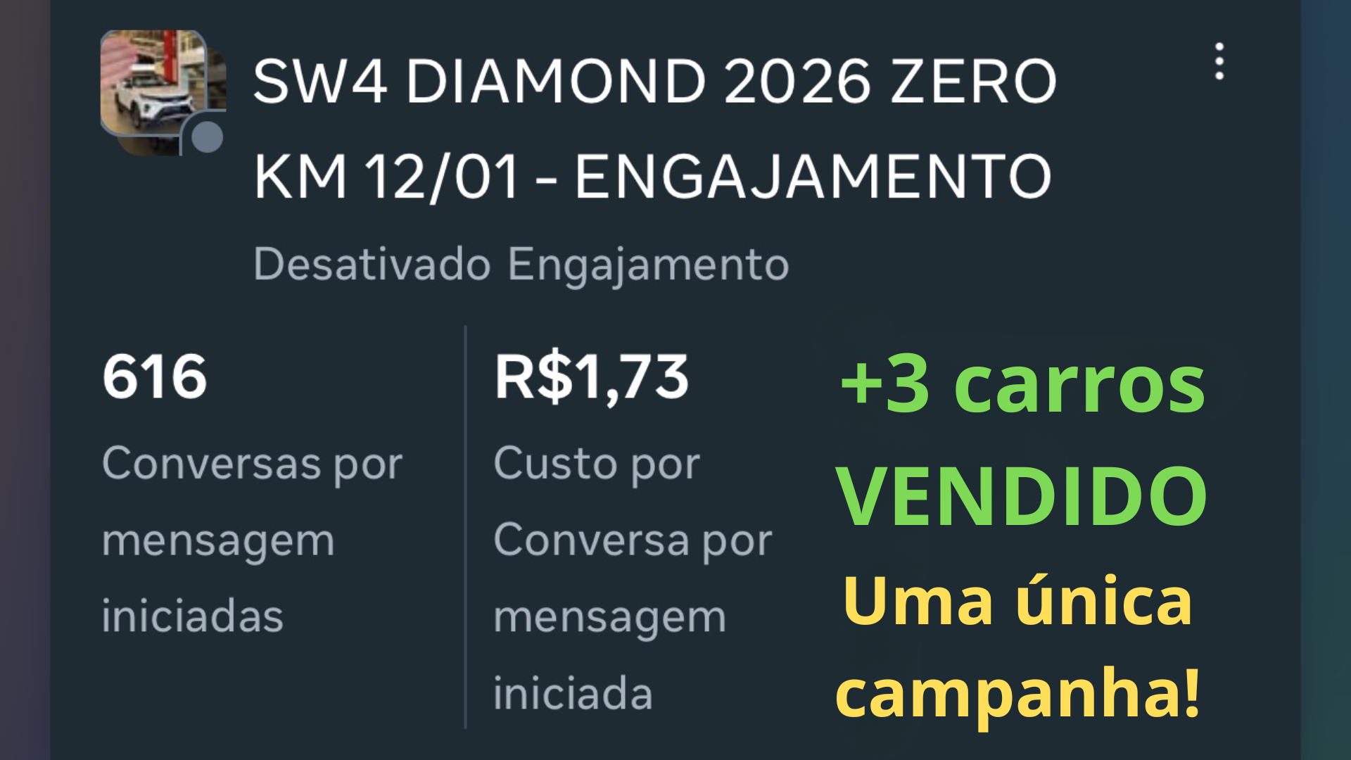 SW4 Diamond — 616 conversas, +3 carros vendidos