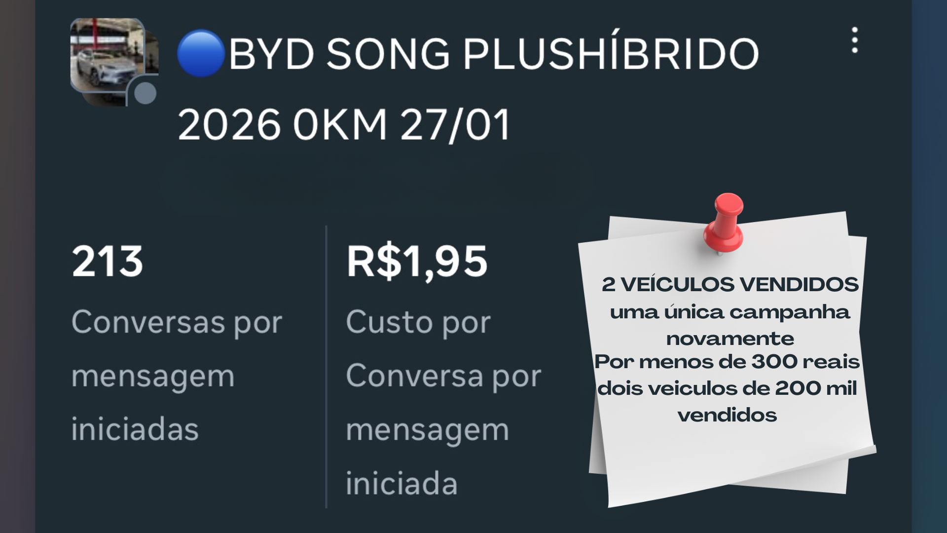 BYD Song — 213 conversas, 2 veículos vendidos